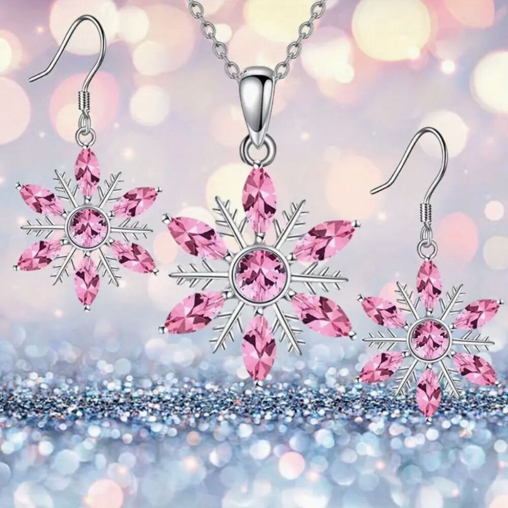 Snowflake Pink Crystal Necklace & Earrings Set